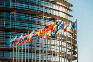 Strasbourg, France - January 28, 2014: The European Parliament building in Strasbourg, France with flags waving on a spring evening