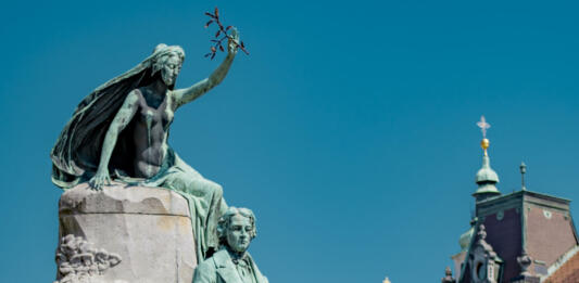 Preseren statue with Ljubljana Cathedral in the background, Central Slovenia Region