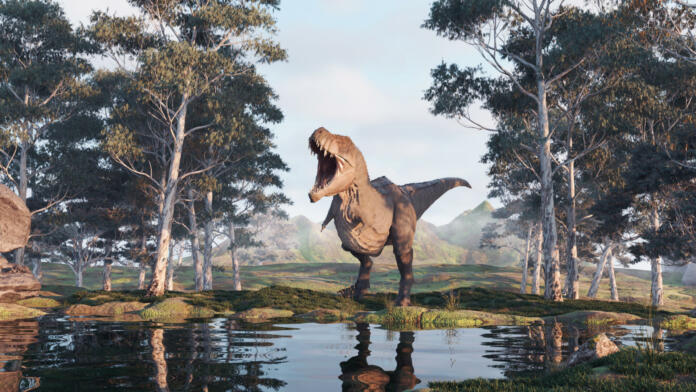 T rex at a mountains in the forest .  This is a 3d render illustration .