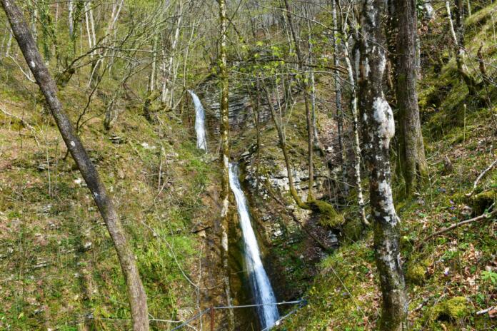 View of Stopnik stream waterfalls near Koseška Korita near Dreznica, Slovenia flowing through a forest in spring