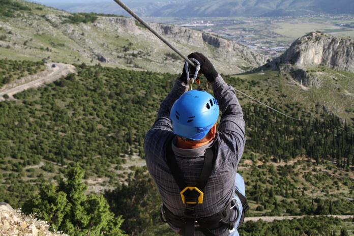 zipline, man, helmet