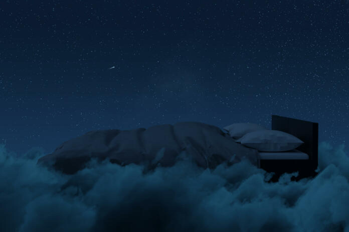 3d rendering of cozy bed over fluffy clouds at night