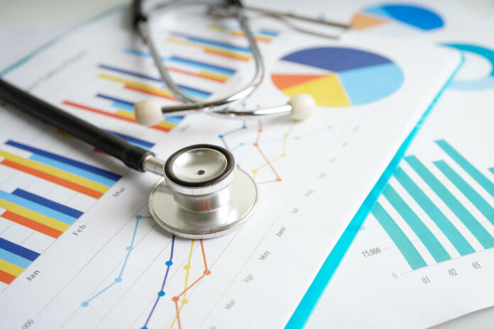 Stethoscope and US dollar banknotes on chart or graph paper, Financial, account, statistics and business data  medical health concept.