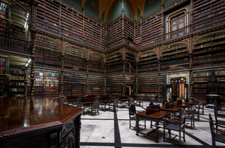 Rio de Janeiro, Brazil - February 19, 2019: Reading room of the Royal Portuguese Cabinet of Reading. It has the largest and most valuable literary of Portuguese outside Portugal.