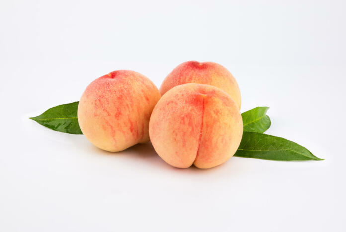 Juicy fresh peaches. Close-up of three fruits from the front.