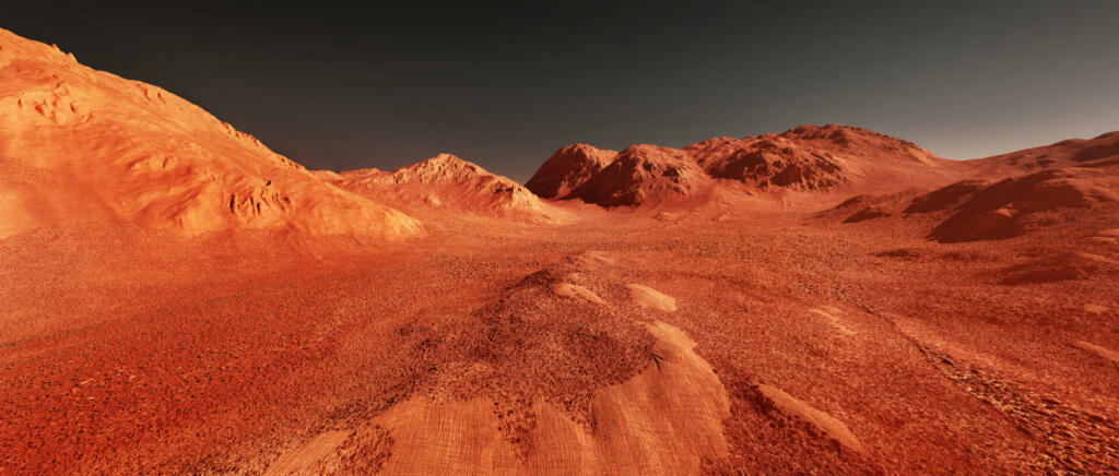 Mars planet landscape, 3d render of imaginary mars planet terrain, orange eroded desert mountains, realistic science fiction illustration.