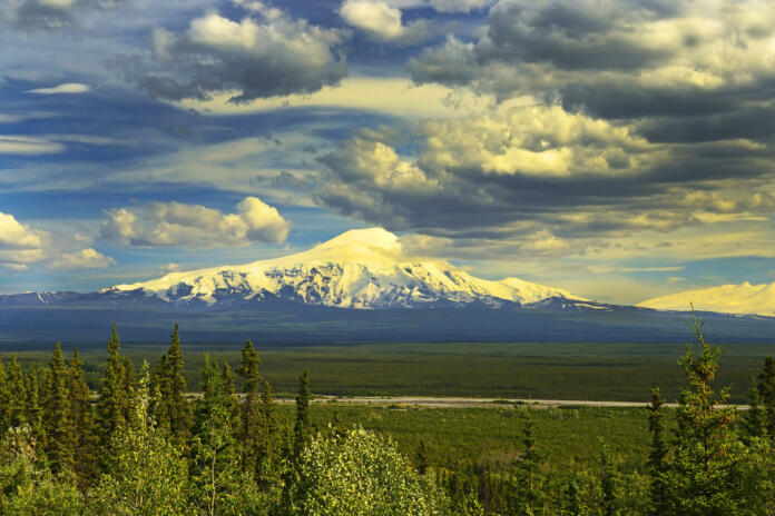 Mount Sandorf and Chistochina River of Wrangell Mountain Range, Wrangell - St. Elias National Park and Preserve, Alaska, USA, UNESCO World Heritage Site