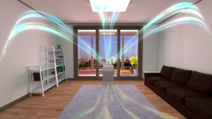3D rendering of a white air cleaner making indoor air fresh all day in a closed room with a wood floor, a gray mat, a sofa, and bookshelves in a neat house with nice view of balcony.