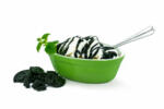 A green bowl with delicious vanilla ice cream, licorice sauce topping and mint. Licorice candy on the side. Studio shot isolated on white.