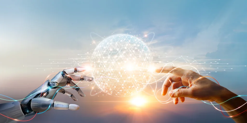 AI, Machine learning, Hands of robot and human touching big data of Global network connection, Internet and digital technology, Science and artificial intelligence digital technologies of futuristic.