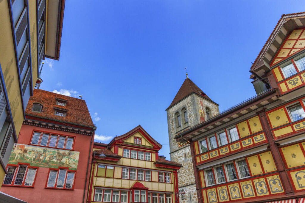 Famous typical houses in Appenzell village by beautoful day, Switzerland