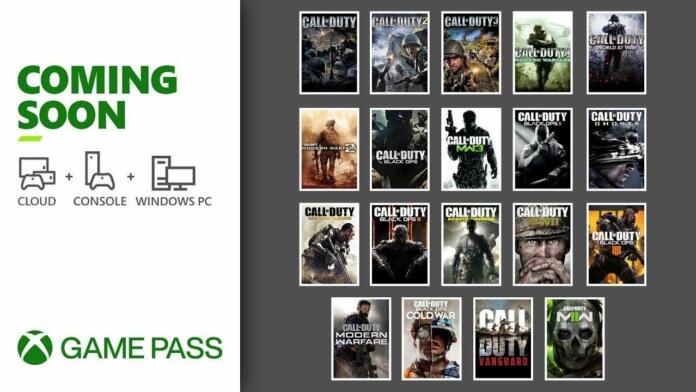 Reklama za Game Pass in igre Call of Duty, ki bodo dostopne na vseh platformah.