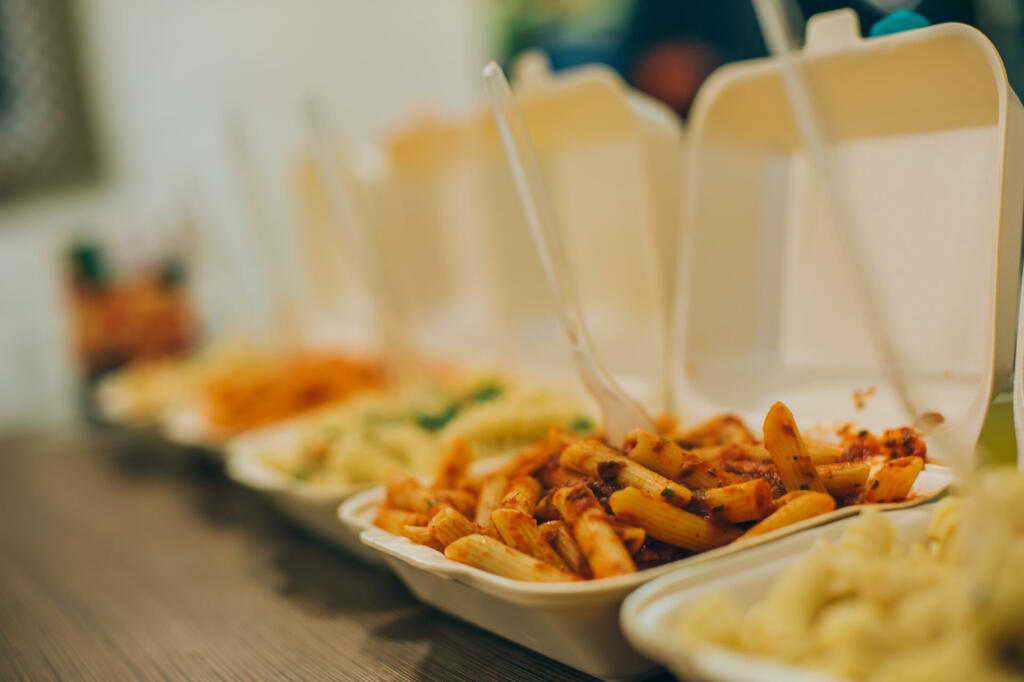Group of more pasta and spaghetti packages. Fast food dinner and lunch restaurant bar