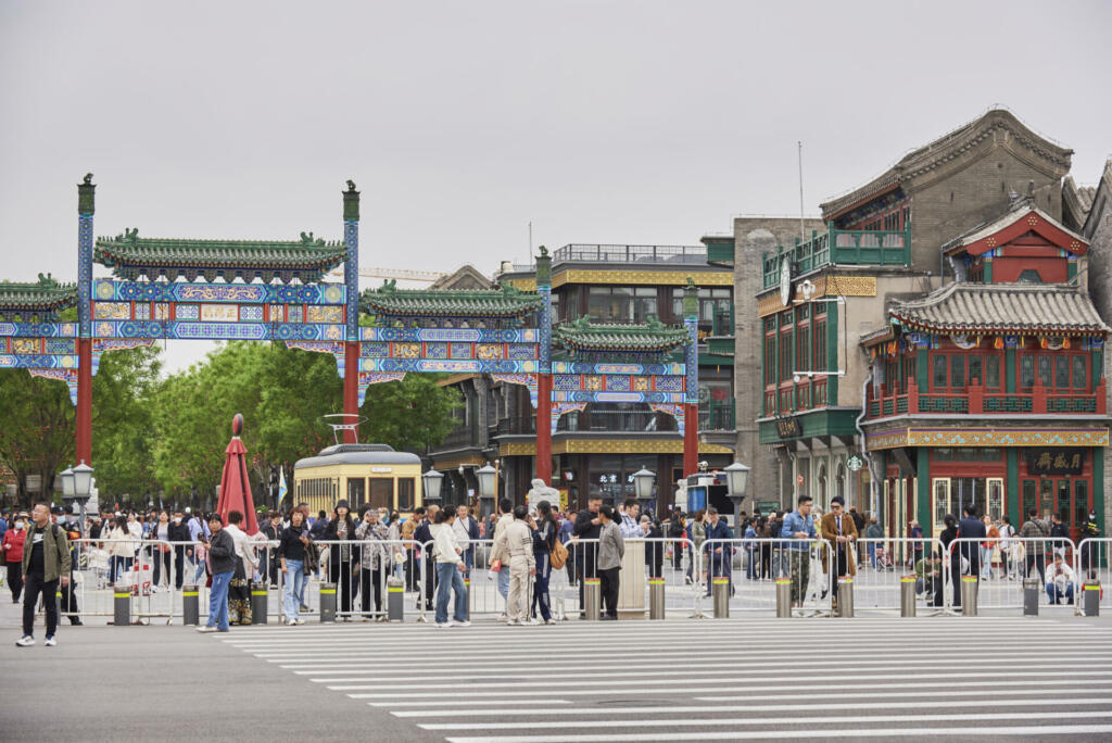 Historic Qianmen pedestrian street south from Tiananmen Square in Beijing, China on 19 April 2024