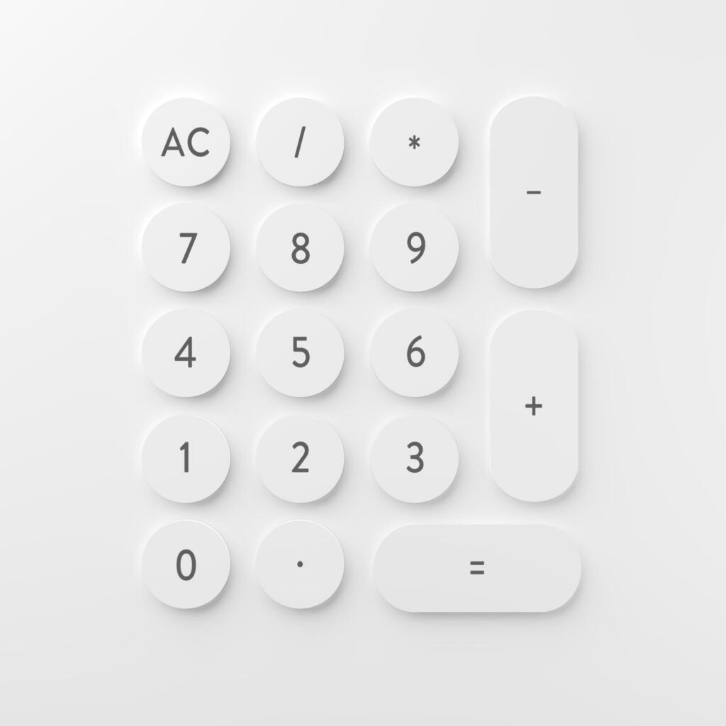 Minimalistic white calculator on white background. Abstract calculator 3D render design.