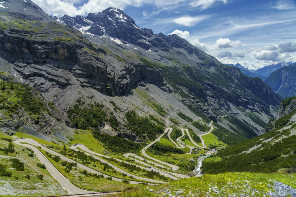 Mountain landscape along the road to Stelvio pass, Sondrio province, Lombardy, Italy, at summer.