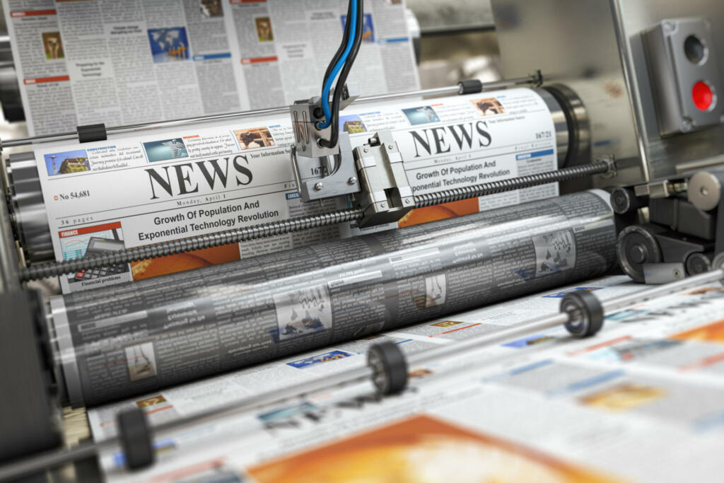 Newspaper or hournal with news printing on a printing machine in a typography. 3d illustration