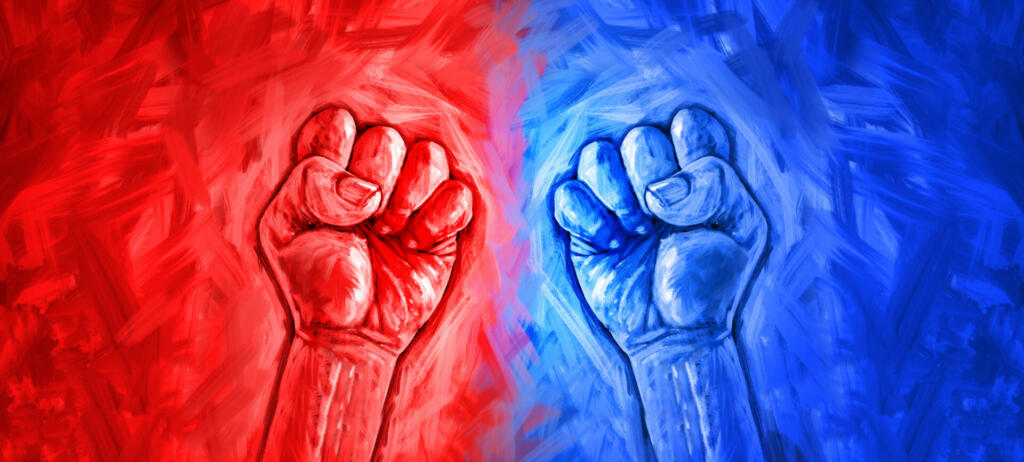 Politics concet and election campaign fight as right and left political ideology represented by two boxing politician fists fighting for for a vote in a 3D illustration style.