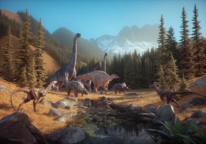 Ankylosaurus, brachiosaurus and velociraptor in nature. This is a 3d render illustration