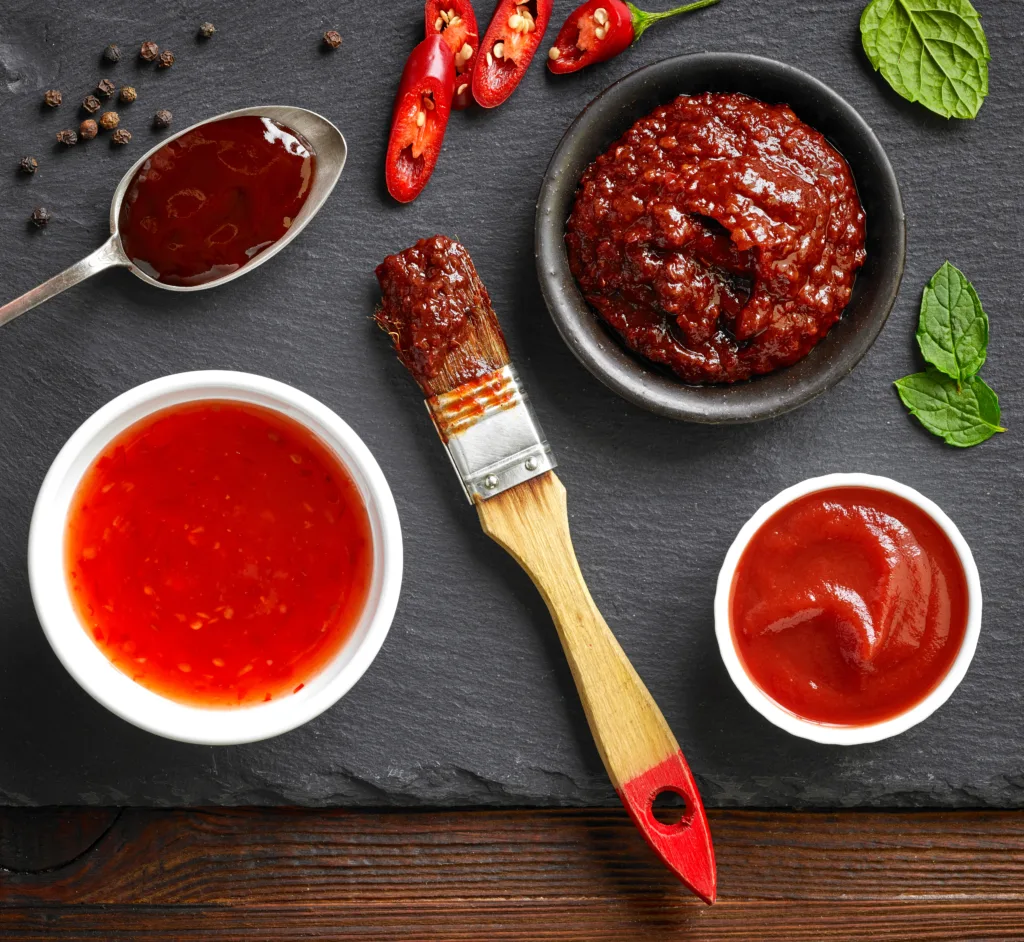 bowls of various sauces on black stone background, top view