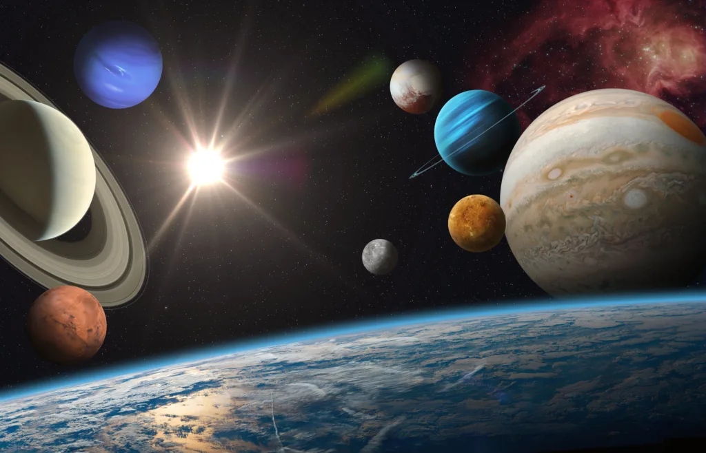 Earth and solar system planets, sun and star. Sun, Mercury, Venus, Earth, Mars, Jupiter, Saturn, Uranus, Neptune, Pluto. Sci-fi background. Elements of this image furnished by NASA.  ______ Url(s): https://photojournal.jpl.nasa.gov/catalog/PIA00271https://photojournal.jpl.nasa.gov/jpeg/PIA15160.jpghttps://images.nasa.gov/details-PIA01492https://solarsystem.nasa.gov/resources/17549/saturn-mosaic-ian-reganhttps://images.nasa.gov/details-PIA21061https://mars.nasa.gov/resources/6453/valles-marineris-hemisphere-enhanced/https://images.nasa.gov/details-PIA23121https://images.nasa.gov/details-PIA22946https://www.nasa.gov/image-feature/good-morning-from-the-international-space-station-1Software: Adobe Photoshop CC 2015. Knoll light factory. Adobe After Effects CC 2017.