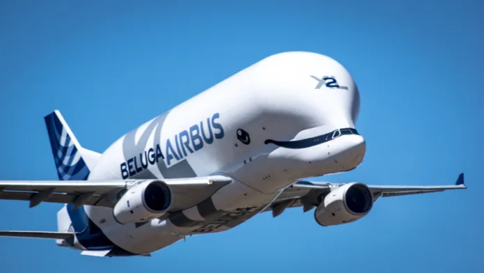 Getefe, Spain; 05 30 2019; Airbus Beluga XL transport plane landing at the Airbus factory in Getafe.