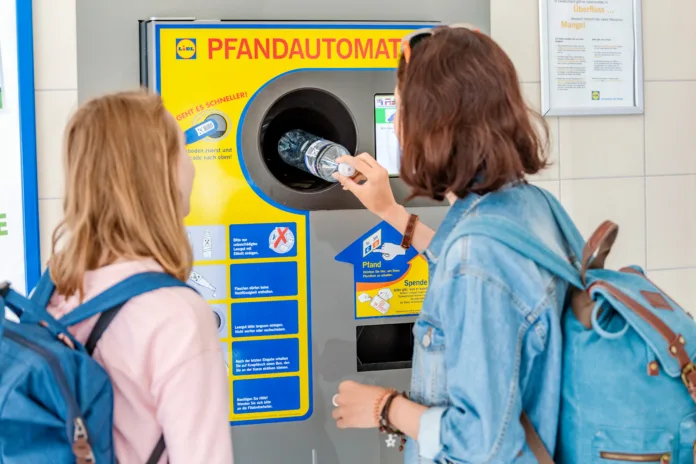Leipzig, Germany - May 23, 2018:  Woman friends together at the reverse vending machine recycle plastic bottles, ecology concept