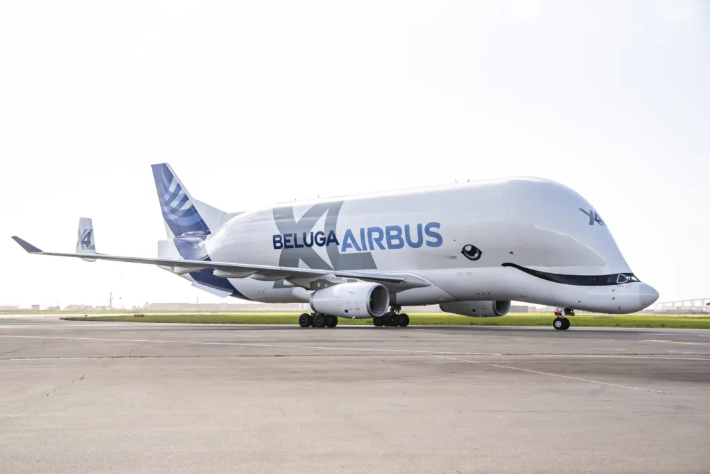 Saint-Nazaire, Francja, March 23 2023: Airbus Beluga 4 XL driving on the apron.