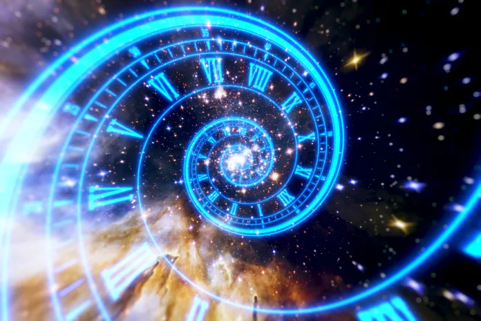Surreal spiral clock in space. Concept of time, space, life, death, time travel. Elements of this image furnished by NASA.