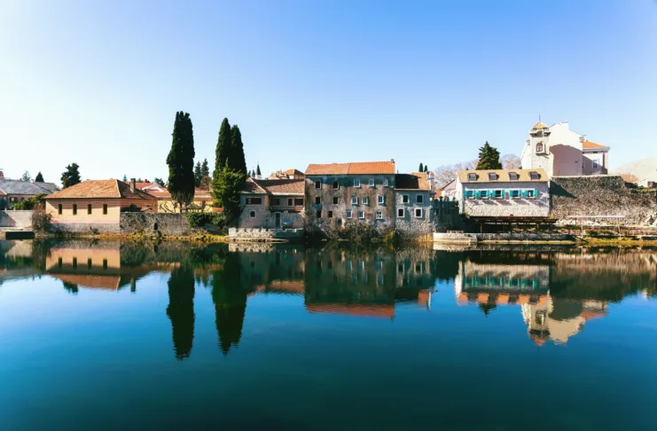 Trebinje Old Town, Bosnia and Herzegovina. View of old town with reflection in river in calm sunny day