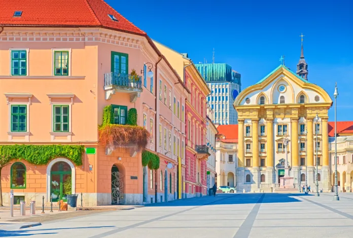 View of Congress Square and the Ursuline Church of the Holy Trinity in the center of Ljubljana, Slovenia.