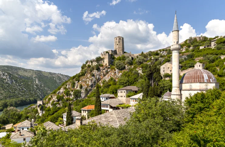 View over the village of Pocitelj with its mosque and traditional houses in Bosnia and Herzegovina