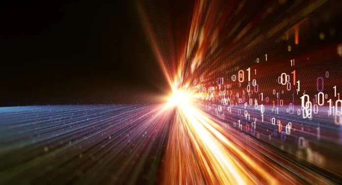 3D illustration. Color bytes of binary code flying through a vortex, background code depth of field and flares. Data transmission channel. Motion of digital data flow. Transferring of big data