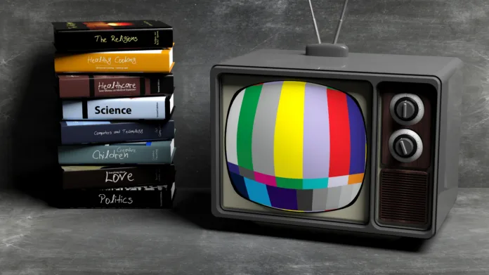 Antique TV set and stack of books, on blackboard  background. 3D rendering