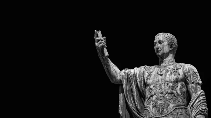 Caesar Augustus Nerva Emperor of Ancient Rome bronze statue along Imperial Fora road in Rome