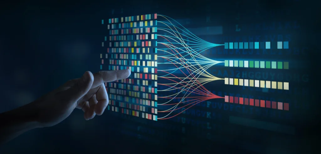 Data science and big data technology. Big data analytics visualizing complex data set on touchscreen. Data mining.