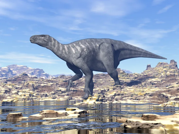 Iguanodon dinosaur walking in the desert by day - 3D render