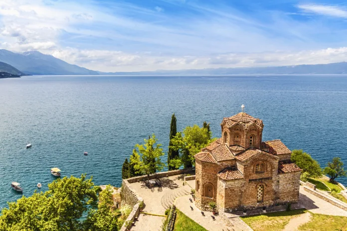 Jovan Kaneo Church on beautiful sunny day at Lake Ohrid, Macedonia.