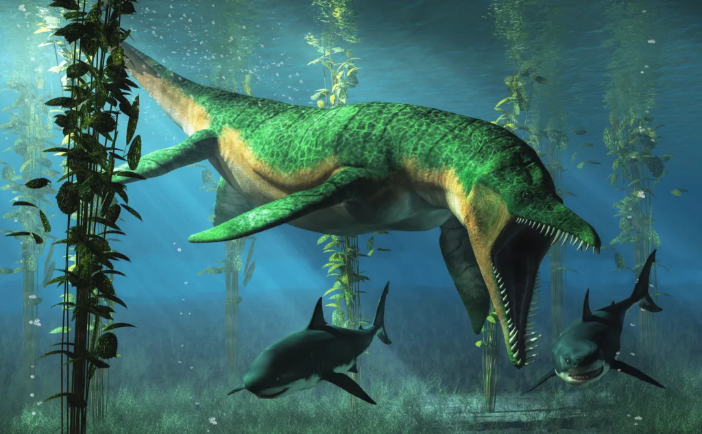 Liopleurodon was a pliosaur and apex predator of the Jurassic seas. Here, the green sea monster hunts sharks in shallow waters in a kelp forest. 3D Rendering