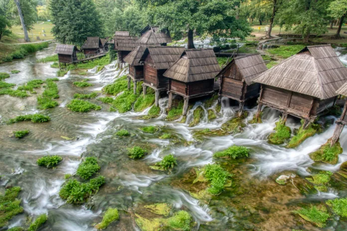 Old small wooden mills Mlincici near Jajce on Plivsko Lake in Bosnia and Herzegovina