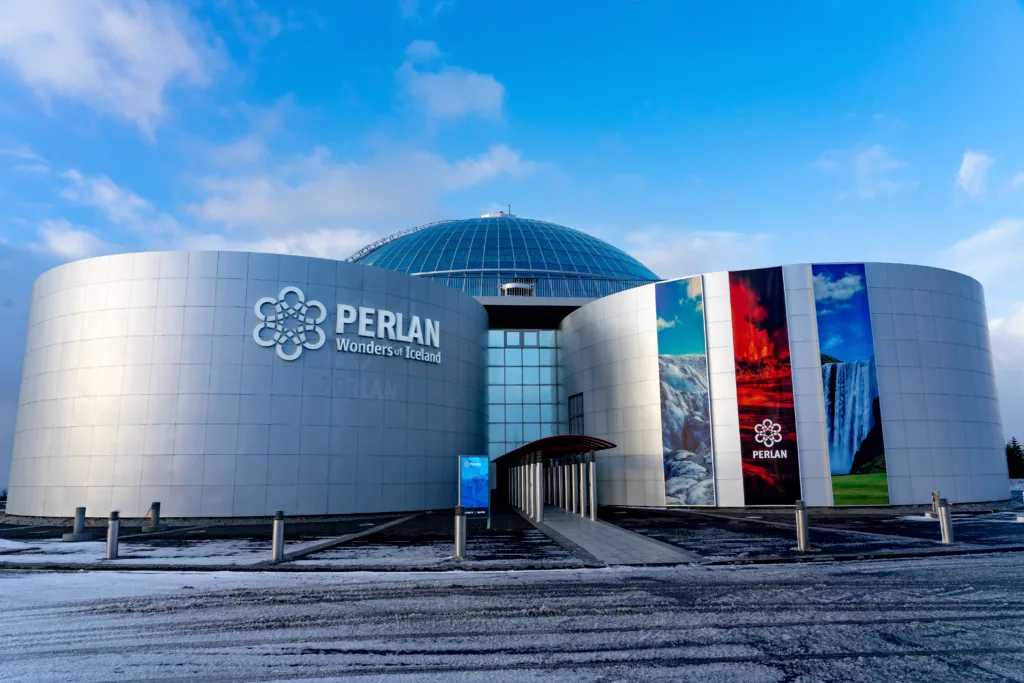 Reykjavik, Iceland - 01.19.2020  Perlan museum in Reykjavik Iceland with blue sky