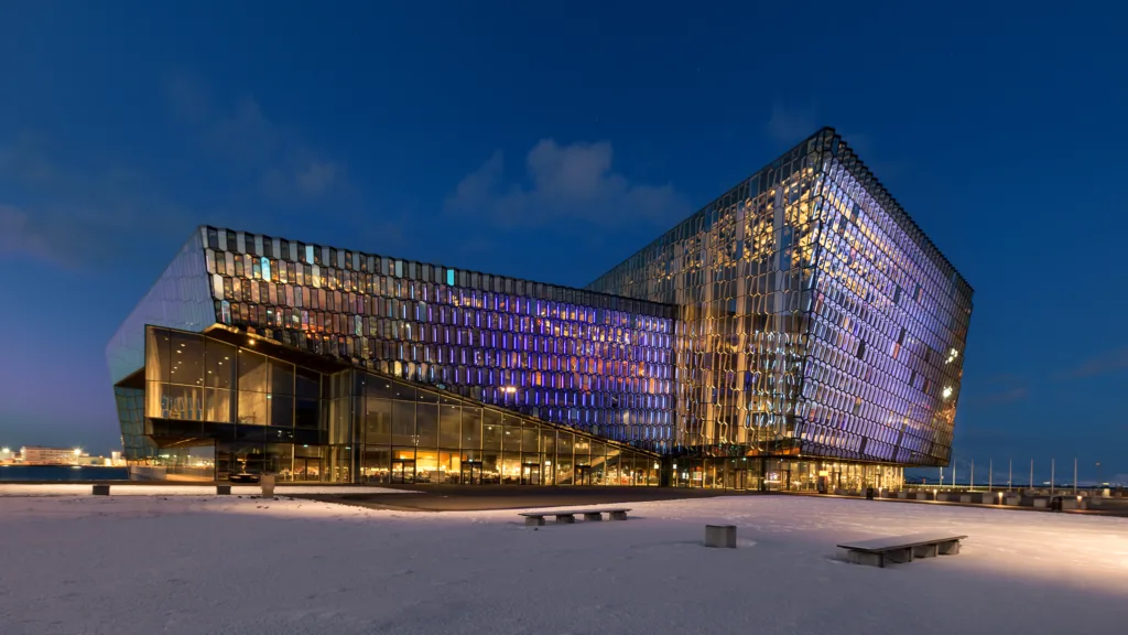 Reykjavik, Iceland - February 17, 2018: Harpa Concert Hall during winter at February 17, 2018 in Reykjavik, Iceland