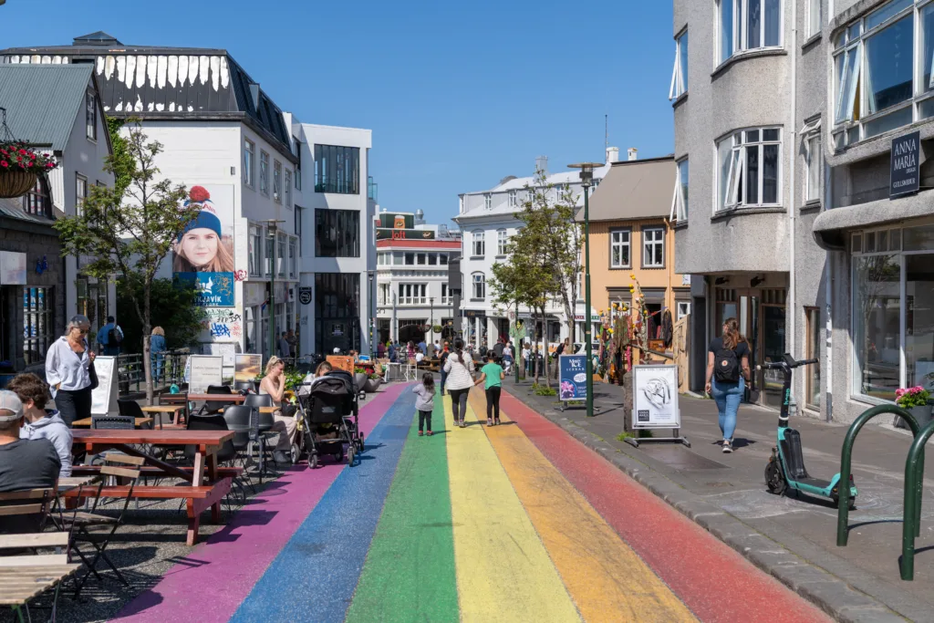 Reykjavik, Iceland - July 10, 2023: Busy scene along the famous Rainbow Road in the downtown area