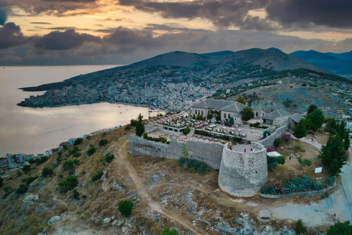 Sarande Albania. Aerial shot at the evening hours.