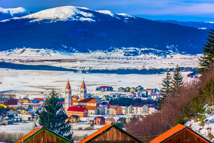 Scenic aerial view at Kupres ski resort in Eastern Europe, winter landscape.