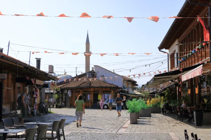 September 22 2023 - Gjakova in Kosovo: streetlife, people in the pedestrian zone of the city on a sunny day