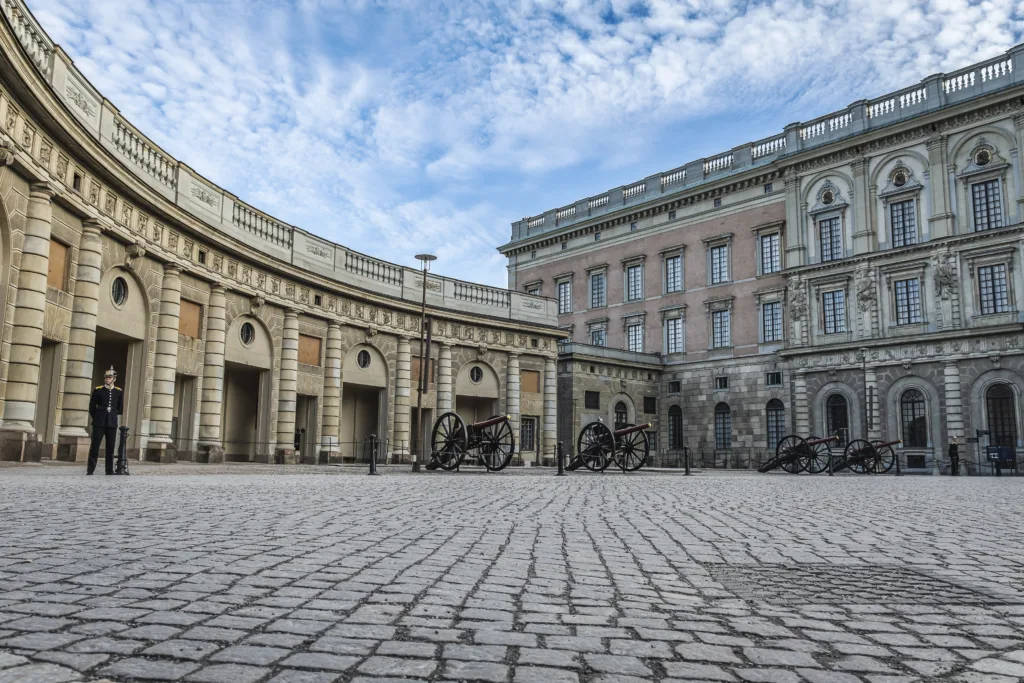 Stockholm Royal palaces an early cold spring morning where the guards stand guarding the castle, Sweden Stockholm April 8, 2023.