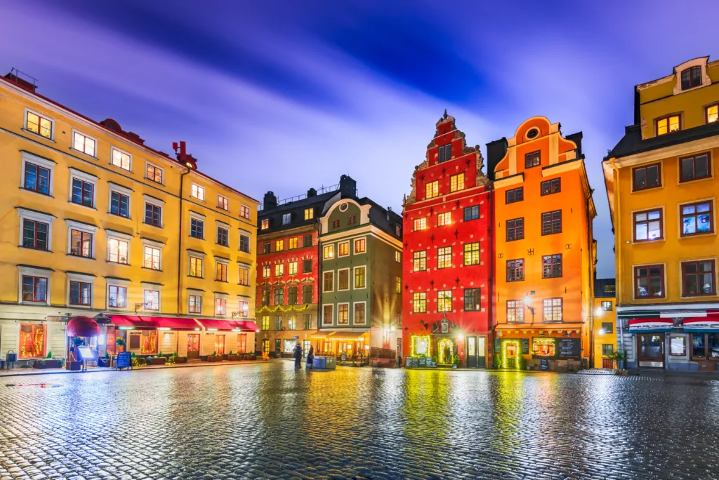 Stockholm, Sweden. Morning sceni with Gamla Stan, downtown. Stortorget square and the most famous houses in the city.