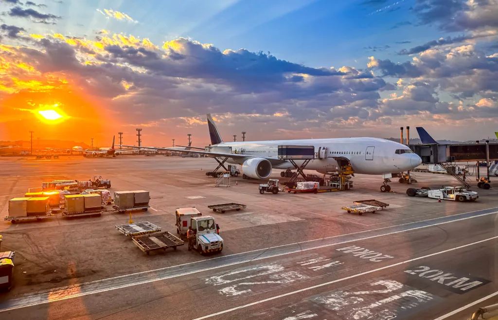 Aircraft at dawn at São Paulo airport. Travel concept.