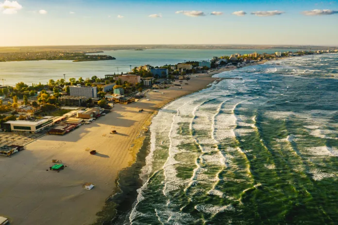 Black Sea coast and beach at Constanta, Romania at sunset